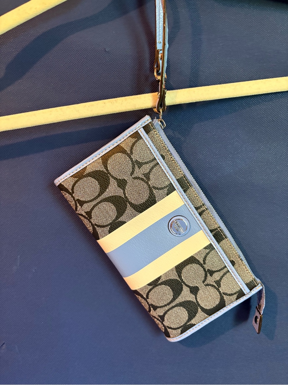 Coach Signature Wristlet Wallet in Light Blue and Tan